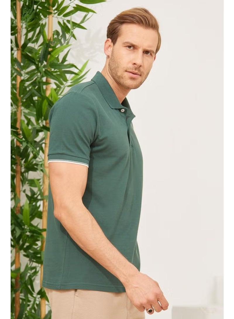 Odelon Men's Interstitial Collar Detailed Cotton Polo Neck T-Shirt Khaki - Image 3